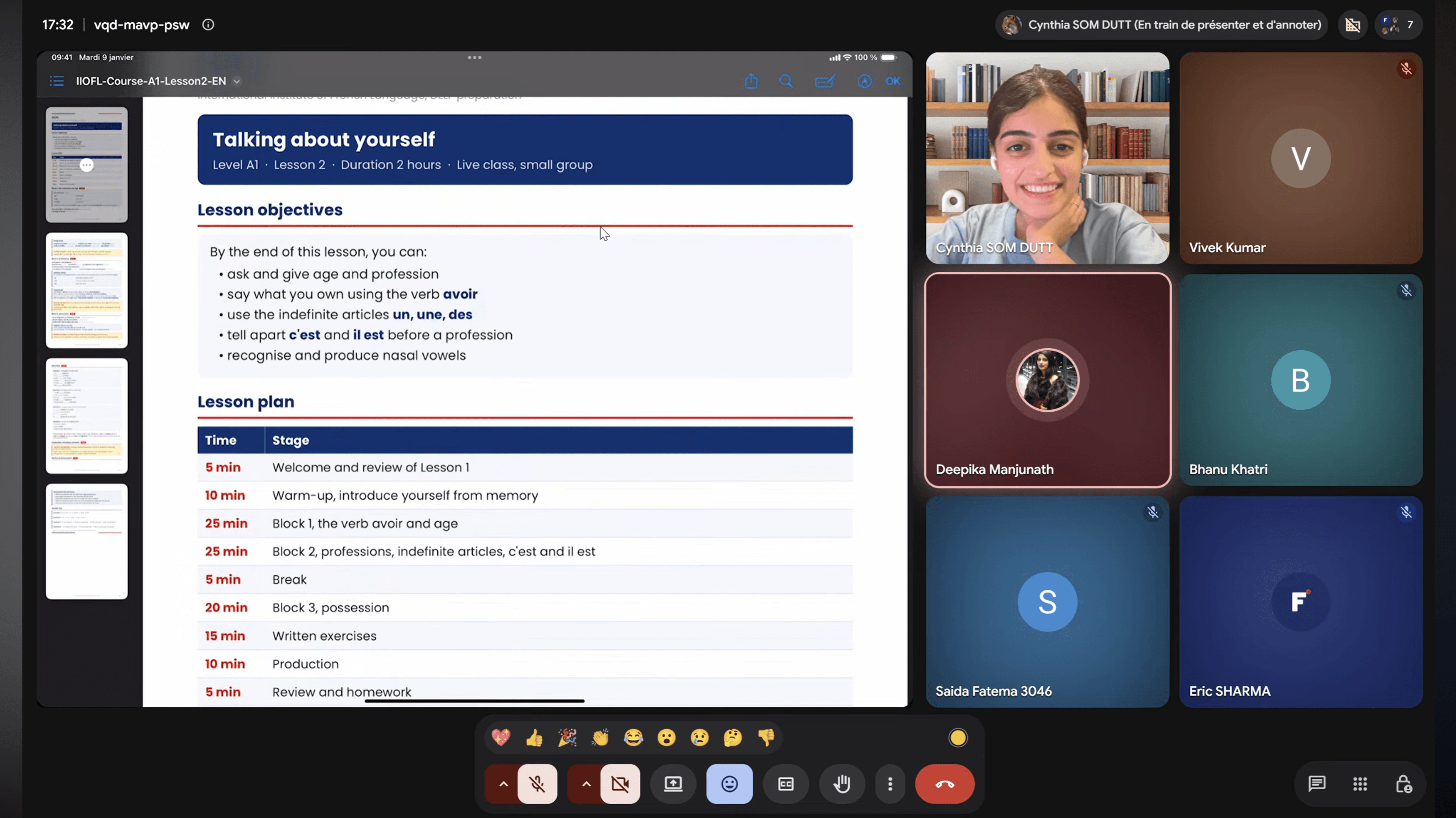 An IIOFL teacher leading a live small-group French lesson on Google Meet, with the lesson sheet shared on screen.